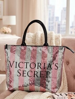 Victoria's Secret Oversized Pink and Silver Sequin Tote Weekender Travel Bag